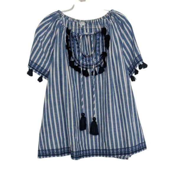 Crown & Ivy Stripe Shirt Womens Size 3X Blue Embroidered Boho Tassel Cotton - Picture 1 of 10